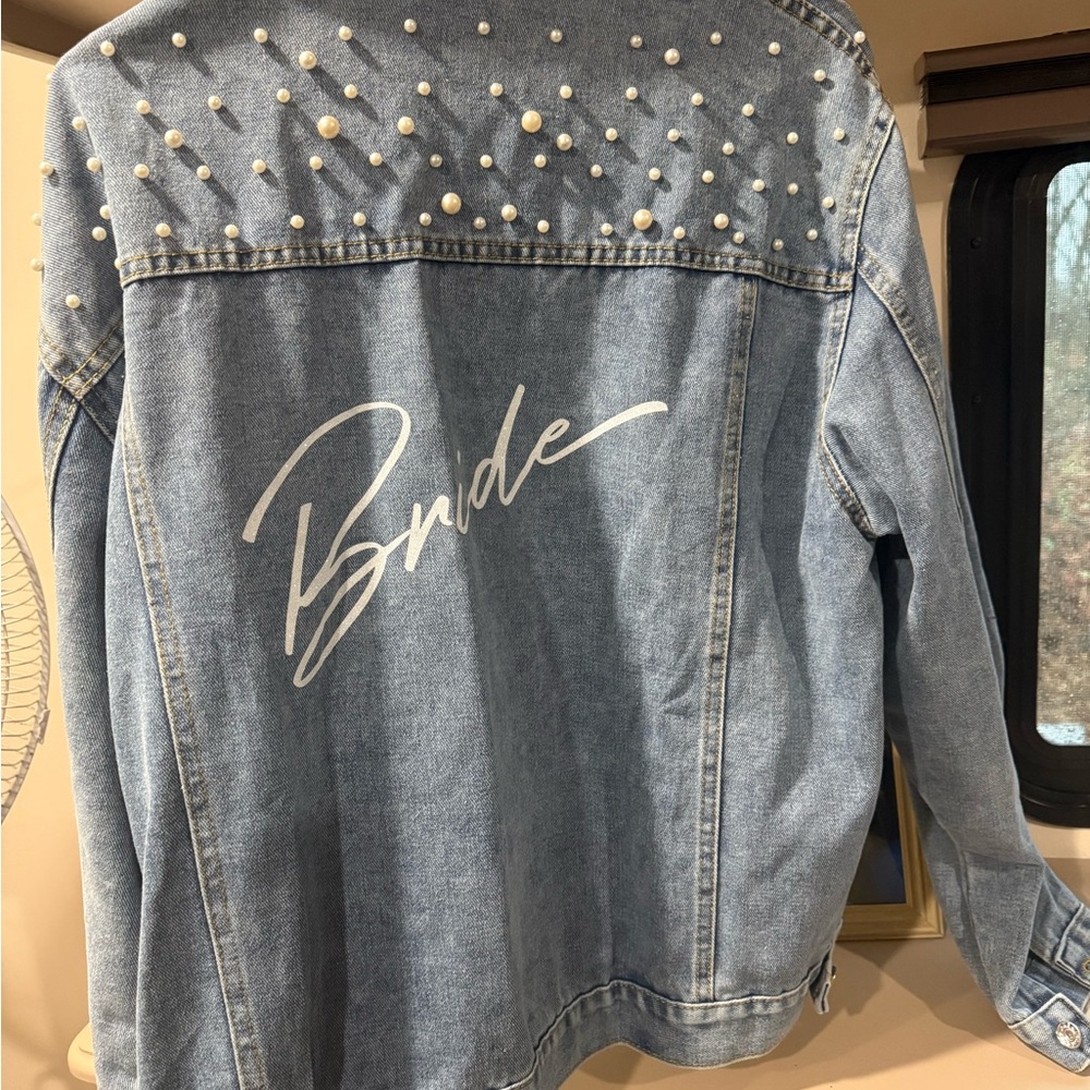 Stylish Light Blue Denim Bride Jacket with Pearl Accents